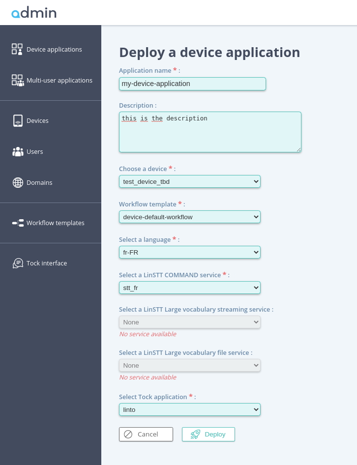 linto admin - deploy a device appplication