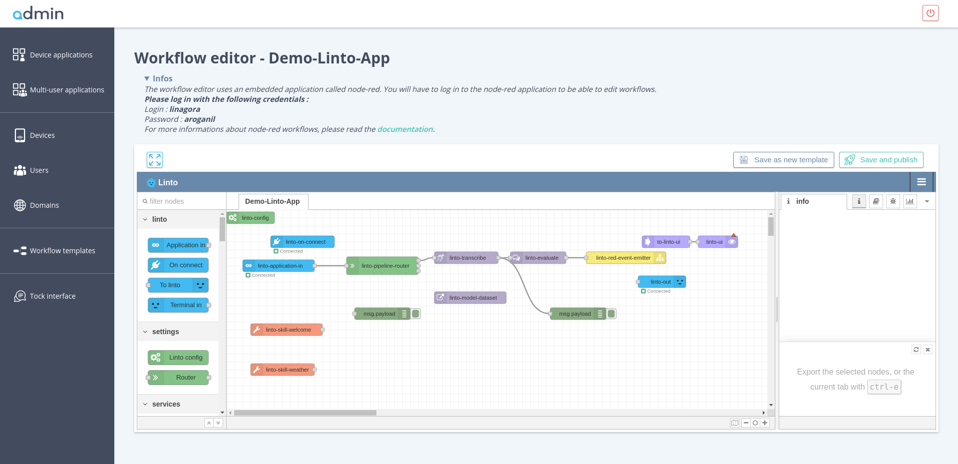 linto admin - edit application workflow